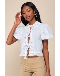 ZEMETA - Goat Chase Embroidered Puff Sleeve Tie-Front Bow Top - Lyst