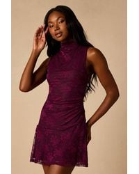 Lulus - Drina Plum Lace Mock Neck Ruched Mini Dress - Lyst