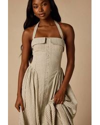 Lulus - Shirley Cream Plaid Halter Button-Front Midi Dress - Lyst