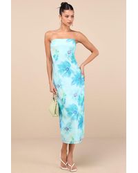 Lulus - Jaylah Aqua Floral Mesh Strapless Midi Dress - Lyst