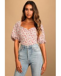 Lulus - Beautiful Hues Floral Print Puff Sleeve Ruched Bodysuit - Lyst
