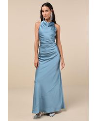 Lulus - Effortlessly Sensational Slate Satin Backless Maxi Dress - Lyst