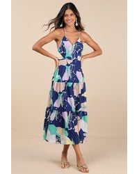Lulus - Hours Of Flowers Multi Floral Lace-Up Tiered Midi Dress - Lyst