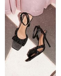 Lulus - Jenni Satin Beaded Ankle Strap High Heel Sandals - Lyst