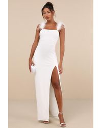 Lulus - Dramatic Promise Feather Strap Ruched Column Maxi Dress - Lyst