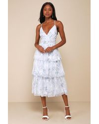 Lulus - Deeply Delightful Floral Tiered Lace-Up Midi Dress - Lyst