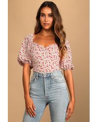 Lulus - Beautiful Hues Floral Print Puff Sleeve Ruched Bodysuit - Lyst