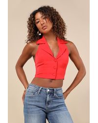 Lulus - Dandy Darlin' Collared Button-Front Tie-Back Vest Tank Top - Lyst