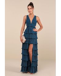 Lulus - Beauty Icon Dark Satin Pleated Tiered Lace-Up Maxi Dress - Lyst
