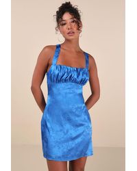 Lulus - Exquisite Outlook Floral Jacquard Satin Lace-Up Mini Dress - Lyst