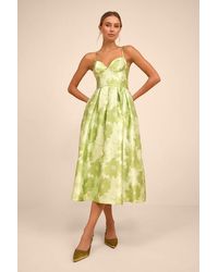 Lulus - Vivinna Lime Floral Jacquard Pleated Midi Dress - Lyst