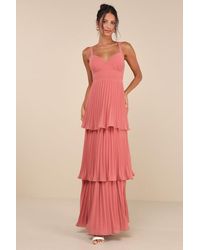 Lulus - Luxe Perfection Rusty Rose Pleated Tiered Backless Maxi Dress - Lyst