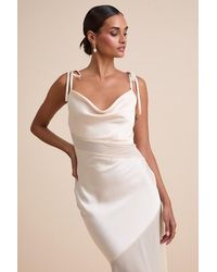 Lulus - Enara Cream Satin Mesh Tie-Strap Asymmetrical Midi Dress - Lyst