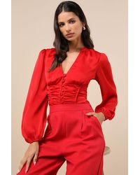Lulus - Elevated Achievement Balloon Sleeve Button-Front Top - Lyst