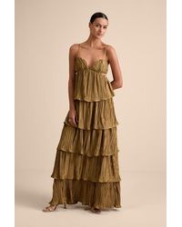 Lulus - Kanya Satin Plisse Tiered Maxi Dress - Lyst