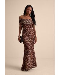 Lulus - Dunia Leopard Print Mesh Off-The-Shoulder Maxi Dress - Lyst