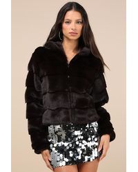 Lulus - Deluxe Comfort Dark Faux Fur Hooded Jacket - Lyst