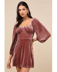 Lulus - Adored Perfection Floral Velvet Balloon Sleeve Mini Dress - Lyst