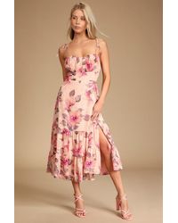 Lulus - Tea Party Chic Floral Print Tie-Strap Tiered Midi Dress - Lyst