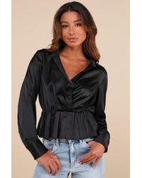 Lulus - Considered Sophistication Satin Long Sleeve Collared Top - Lyst