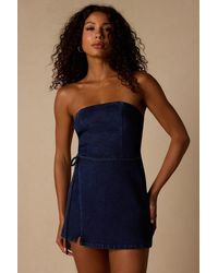 Lulus - Ena Dark Wash Denim Skort Romper - Lyst