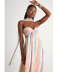 Lulus - Kelia Multi Striped Midi Dress And Scarf Set - Lyst