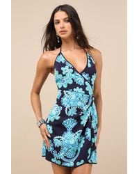 Lulus - Aelora Dark And Aqua Paisley Print Halter Mini Dress - Lyst