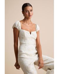 Lulus - New Glam Cream Floral Jacquard Bustier Off-The-Shoulder Jumpsuit - Lyst
