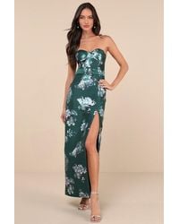 Lulus - Luxe Sweetie Emerald Floral Taffeta Belted Strapless Maxi Dress - Lyst