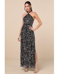 Lulus - Edalene Mesh Sequin Beaded Halter Maxi Dress - Lyst