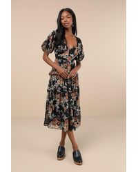 Lulus - Fawning Favorite Floral Lace Tiered Lace-Up Midi Dress - Lyst