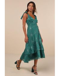 Lulus - Elegant Direction Embroidered Ruffled Tie-Strap Midi Dress - Lyst