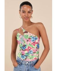 Lulus - Anahera Floral Mesh Cutout One-Shoulder Bodysuit - Lyst