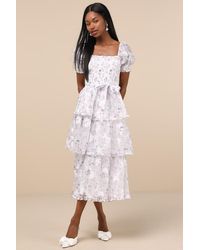 Lulus - Darling Posture Floral Tiered Puff Sleeve Midi Dress - Lyst
