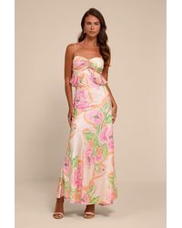 Lulus - Cattina Blush Multi Floral Satin Tie-Back Maxi Dress - Lyst