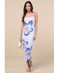 Lulus - Graciela Periwinkle Floral Mesh Bodycon Midi Dress - Lyst