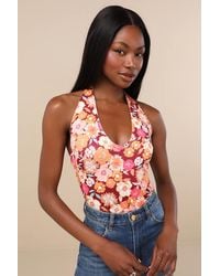 Lulus - Boldly Blooming Floral Print Halter Bodysuit - Lyst
