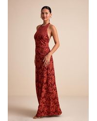 Lulus - Alaria Rust Satin Jacquard Halter Neck Maxi Dress - Lyst