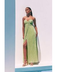 Lulus - Oswin Lime Satin Plisse Strapless Maxi Dress - Lyst