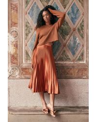 Lulus - Fashionable Babe Rust Satin Pleated Midi Skirt - Lyst