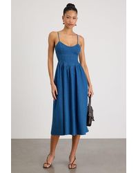 Lulus - Londrina Medium Wash Denim Basque Waist Midi Dress - Lyst