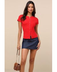 Lulus - Annalena Ribbed Button-Front Short Sleeve Top - Lyst