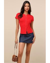 Lulus - Annalena Ribbed Button-Front Short Sleeve Top - Lyst