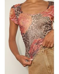Lulus - Adamina Leopard And Floral Print Mesh Short Sleeve Top - Lyst