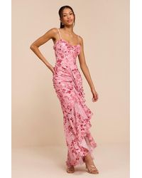 Lulus - Zella Multi Floral Mesh Ruffled Maxi Dress - Lyst