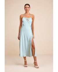Lulus - Luetta Pale Satin Lace Slip Midi Dress - Lyst