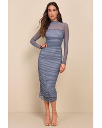 Lulus - Impressive Flirt Mesh Ruched Mock Neck Midi Dress - Lyst