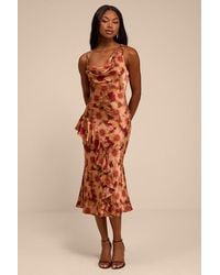 Lulus - Roxanne Rust Multi Floral Satin Asymmetrical Midi Dress - Lyst