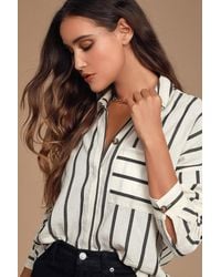 Lulus - Amelia Dawn Off- Striped Long Sleeve Button-Up Top - Lyst