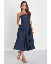 Lulus - Sweetness And Sunshine Strapless Midi Dress With Pockets - Lyst